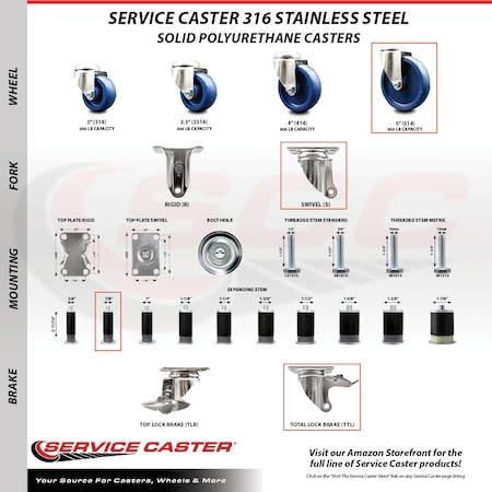 Service Caster 5 Inch 316SS Solid Poly Swivel 7/8 Inch Expanding Stem Caster Set Lock Brake SCC-SS316TTLEX20S514-SPUS-78-4